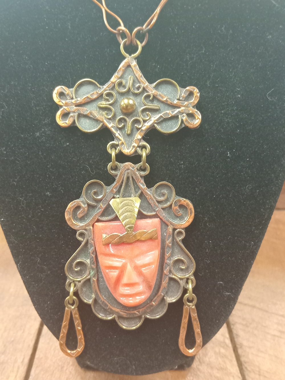 1950s Mexico Copper and Carved Coral Pendant Aztec-themed Necklace - Picture 2 of 6